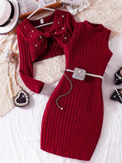 2pcs Tween Girl Casual Outfit, Pearl Decor Long Sleeve Top And A-Line Mini Dress, Elegant Outfits For Spring Autumn