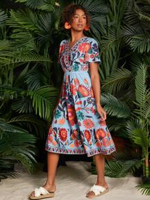 Travachic Floral Print Butterfly Sleeve Ruffle Hem Women Dress,Fall Women Dresses - Multicolor - View 5