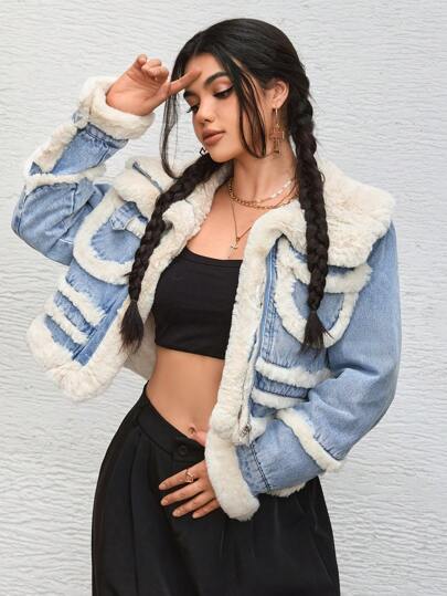SHEIN EZwear 女士撞色拼接蓬松领长袖短款牛仔夹克，秋冬