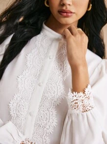 Poéselle Contrast Guipure Lace Button Front Shirt - White - View 4