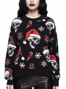 ROMWE Goth Dark Skull & Christmas Wreath All-Over Print Pullover Sweater - Multicolor - View 4