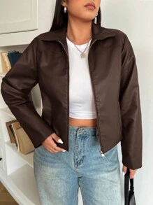 SHEIN EZwear 大码女式休闲日常拉链前夹克，秋季，冬季 - 咖啡棕 - 查看 7