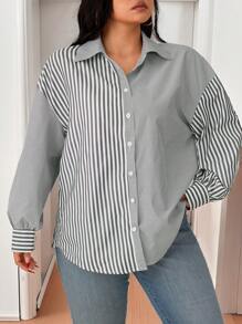 Calvaya Plus Size Women Stripe Print Casual Loose Office Blouse, Autumn/Winter Women Shirt
