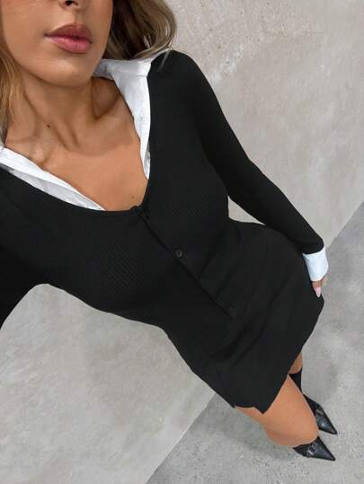 SHEIN SXY 2pcs Set: Collared Sexy & Cute Minimalist OL Style Black Mini Skirt, Autumn/Winter
