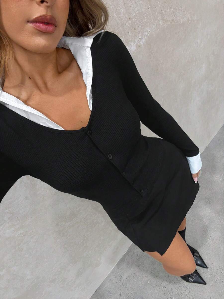 SHEIN SXY 2pcs Set: Collared Sexy & Cute Minimalist OL Style Black Mini Skirt, Autumn/Winter - Black - View 1