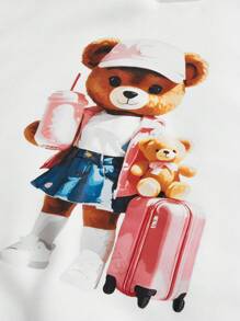 2pcs/Set Tween Girls Cute Bear Hoodie Sweatshirt And Flared Pants Outfit