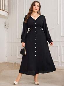 Modelyn Elegant V-Neck Plus Size Contrast Color Trimmed & Button Detail Dress Maxi Women Outfit - Black - View 3