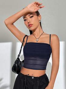 SHEIN EZwear ArmyGreen Summer Tops Solid Ruched Mesh Cami Top - Navy Blue - View 5