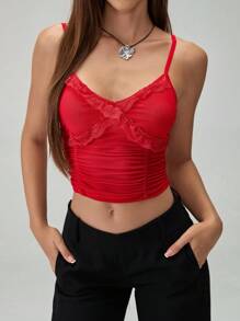 SHEIN Unity 纯色蕾丝拼布荷叶边优雅无袖吊带背心 - 紅色 - 查看 4