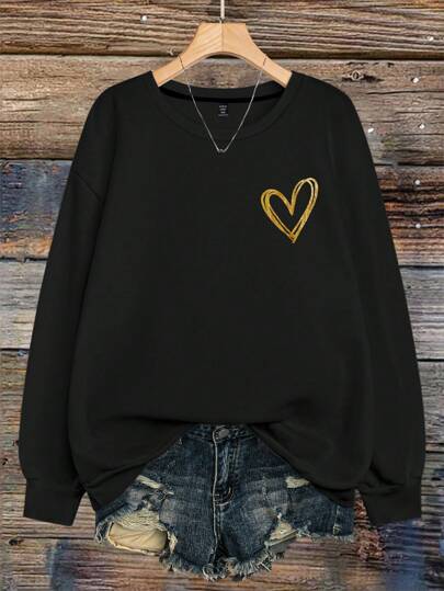 EMERY ROSE Women's Gold Heart-Shape Printed Round Neck Long Sleeve Sports Casual Sweatshirt Pullover Suitable For Autumn And Winter Graduation,Back To School Outfits,Graduation,Teacher Outfits For Women,Back To School  Fall Outfit