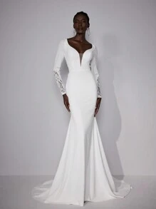 SHEIN Belle Elegant And Gorgeous Luxury Beige Stretch Knit Contrast Color Lace Embroidery Applique Long Sleeve Backless Fishtail Length Suitable For Wedding, Party, Festival, Prom, Bridal Wedding Dress, White Dress - Beige - View 6