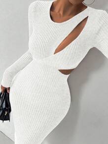 SHEIN Unity Women Casual Everyday Hollow Out Fitted Knit Sweater Dress, Autumn/Winter Fall Cloth For Women - White - View 5