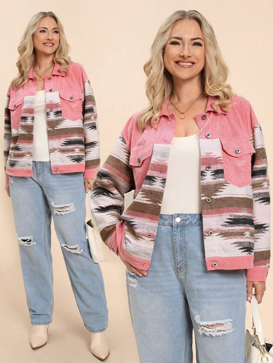 SHEIN LUNE Plus Size Geometric Pattern Patchwork Pink Shirt, Autumn/Winter Holiday - Multicolor - View 1