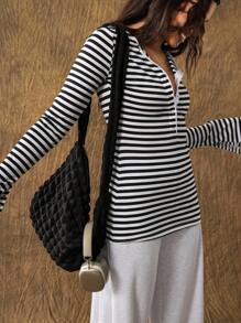 VARSITIE 秋冬条纹长袖运动T恤和短款上衣 - 黑與白 - 查看 4
