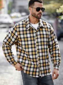 Manfinity Homme Camisa casual de manga larga de un solo pecho a cuadros, talla grande, para hombre, para otoño, para salir