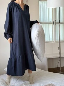 DAZY Women's Solid Color Minimalist Notch Collar Lantern Sleeve Ruffled Hem Loose Fit Casual Dress For Home - Navy Blue - View 6