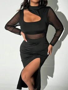 Viva Relle Đầm Maxi xẻ tà lưới đen cỡ lớn tương phản cho nữ - màu đen - Xem 4