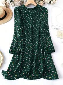 SHEIN LUNE Đầm dài tay giản dị hàng ngày cài nút phía trước họa tiết hoa nhỏ - màu xanh lá - Xem 2