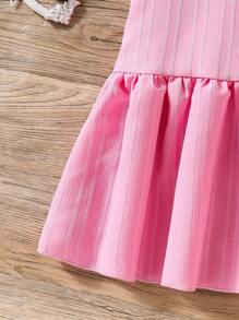 SHEIN Young Girl'Cool Kid Vertical Striped Pink Casual Dress,Summer Fairy Style With White Collar,Cartoon Bag Decor,Soft Fabric For Family Matching Wear - Hot Pink - View 7