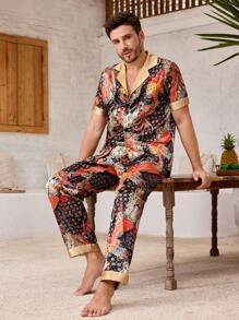 Manfinity Underwear&Sleepwear Basics 2pcs/Set Men Color Block Short Sleeve Casual Top And Long Pants Pajama Set - Multicolor - View 1