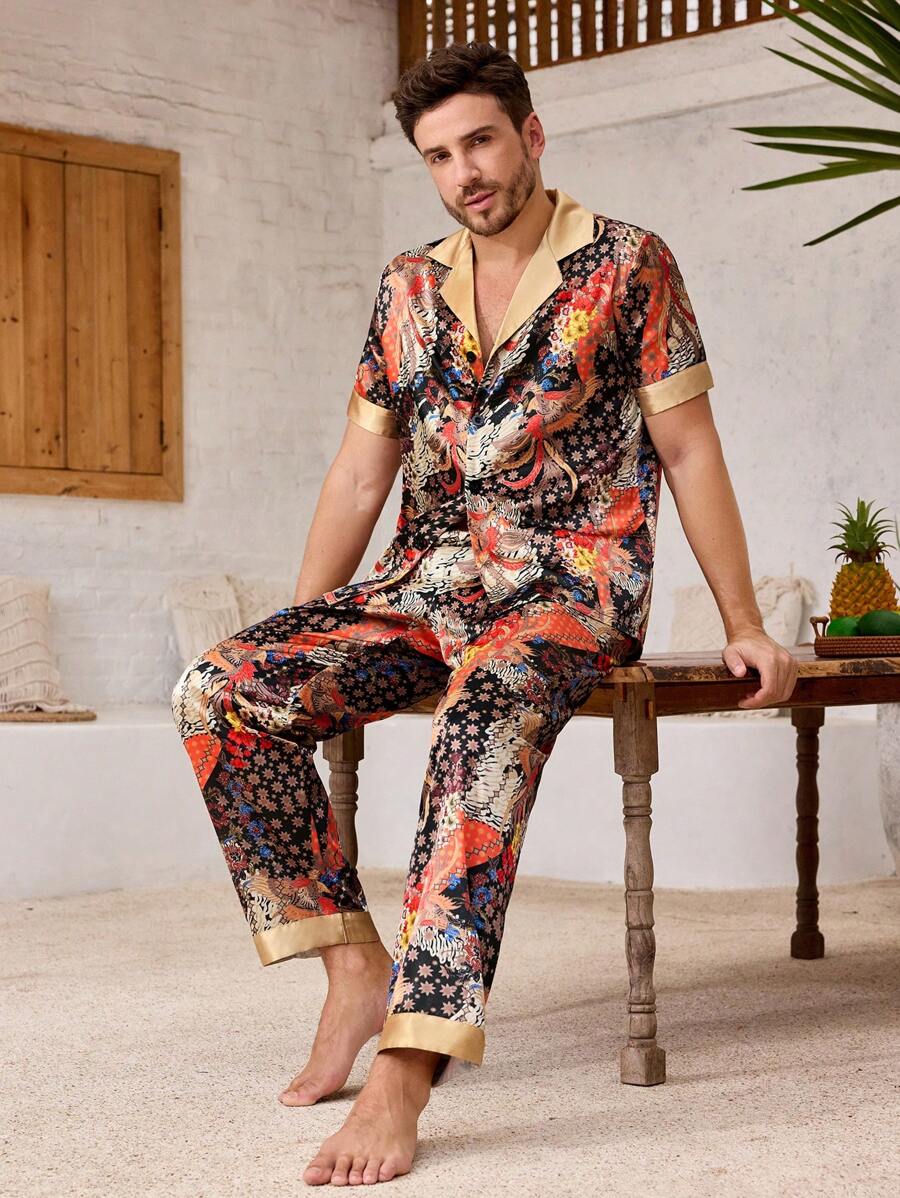 Manfinity Underwear&Sleepwear Basics 2pcs/Set Men Color Block Short Sleeve Casual Top And Long Pants Pajama Set - Multicolor - View 1