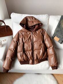 Muchica 女士新款棕色 PU 加厚外套，秋冬款