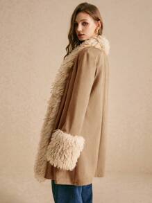 Poéselle 女式拼布蓬松撞色前开休闲夹克，秋冬 - 卡其色 - 查看 6