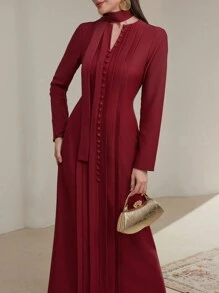 Modelyn 1pc Women Arabian Notched Neck Button Long Sleeve Elegant Solid Color Modest Dress, Burgundy Long Evening Dresses - Burgundy - View 8