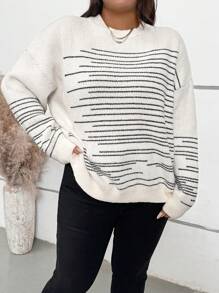 SHEIN Clasi Women Plus Size Asymmetrical Striped Crew Neck Pullover Sweater, Autumn/Winter - Multicolor - View 3