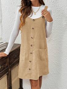 SHEIN LUNE Brown Corduroy Overall Dress For Women With Pockets - Apricot - View 5