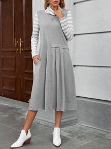 EMERY ROSE Women Casual Striped Patchwork Print High Neck 2 In 1 Midi Dress