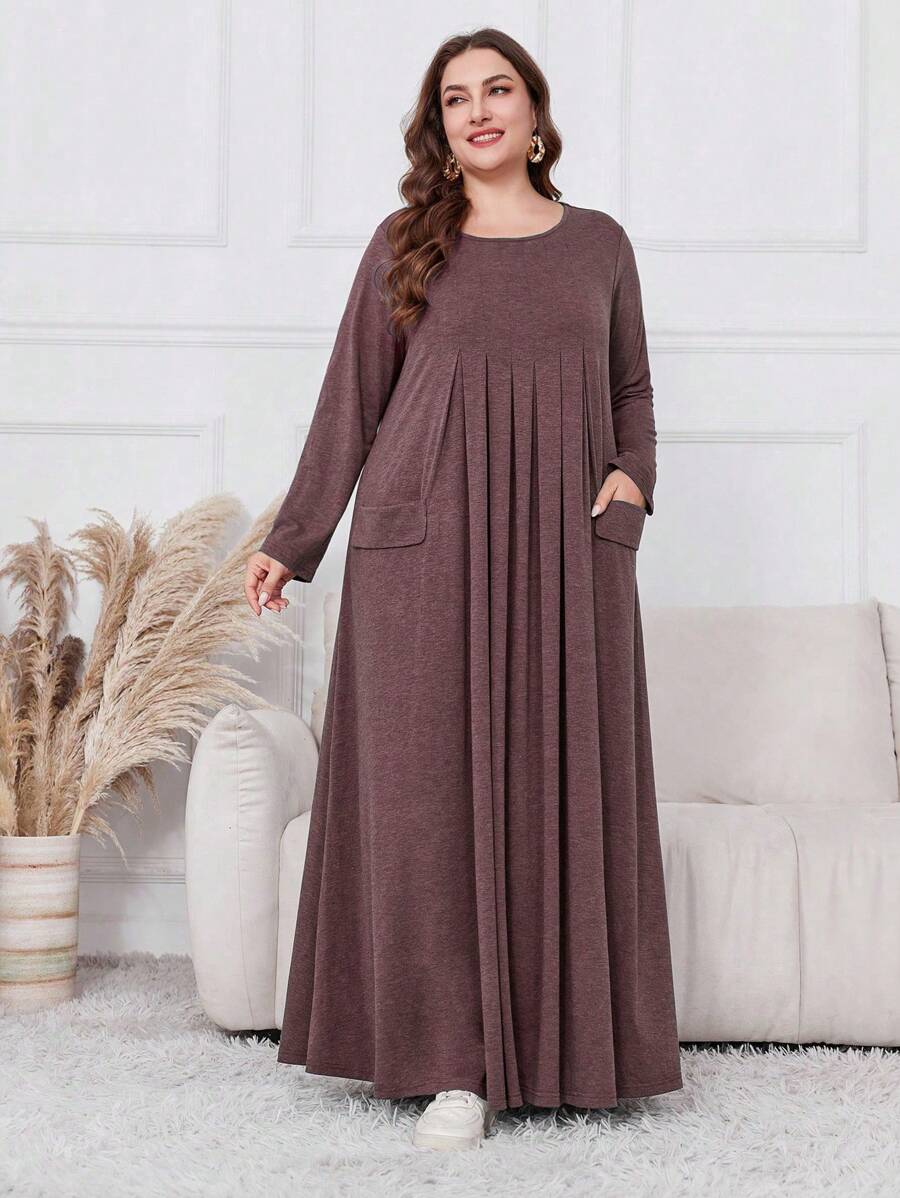 Lacomfia Đầm Maxi Nữ Cổ Tròn Xếp Ly Tay Dài Đơn Giản Màu Trơn Size Lớn Cho Quần Áo Thường Ngày Năm Mới - Đỏ - Xem 1