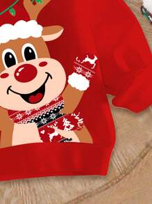 SHEIN Babymeisje schattige kerst herten print "Merry Christmas" rode casual minimalistische losse pasvorm ronde hals zachte gebreide trui sweatshirt