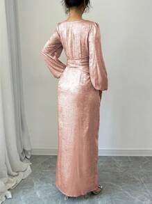 Elenzga Vestido largo casual y sencillo para mujeres con cuello redondo, manga larga, bajo dividido y calado