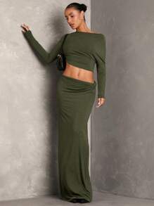 SHEIN BAE 女士灰色纯色约会之夜套装 - 简约优雅舒适不对称领口褶饰上衣和低腰扭纹针织裙，优雅两件套/秋季两件套/上衣和裙子套装/针织套装 - 軍綠色 - 查看 5