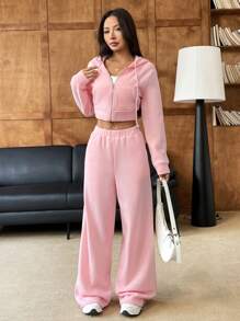 SHEIN EZwear Bộ đồ thể thao quần nỉ và áo hoodie rút dây màu hồng cho nữ - Hồng - Xem 3