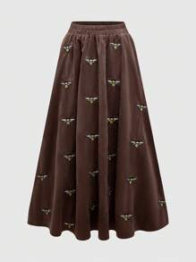 ROMWE Fairycore 1pc Versatile Bee Embroidery Elastic Waist Long Skirt For Women