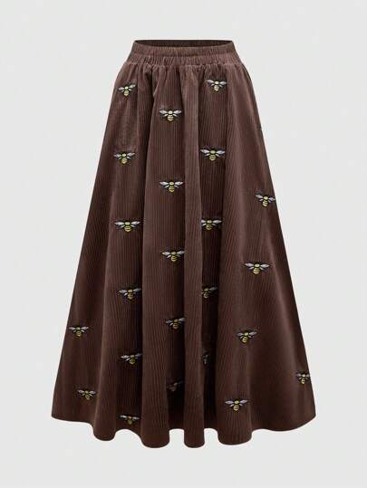 Fairycore 1pc Versatile Bee Embroidery Elastic Waist Long Skirt For Women