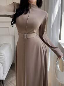 Modelyn Đầm dài thanh lịch cổ đứng tay dài họa tiết sọc tăm cho nữ Đầm dạ hội dài - Cà phê - Xem 5