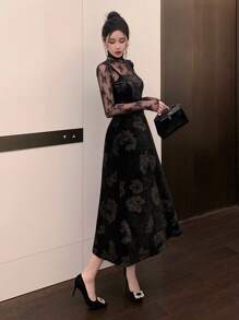 DAZY 女士丝绒印花中长连衣裙，秋冬季，新年舞会礼服，优雅女士连衣裙 - 黑色 - 查看 5