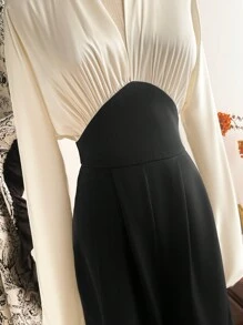 Vintamour Mono vintage elegante de mujer con cuello en V, manga larga, fruncido, empalme de color y satén, mono casual suelto de pierna para trabajo y vacaciones, ropa de invierno para mujer, conjunto de mujer, atuendo de Acción de Gracias, atuendo de invierno, ropa de Navidad, vestido de manga larga para fiesta de Navidad, vestido de Navidad, ropa de Navidad, ropa de iglesia para mujer, mono de mujer, vestido de Nochevieja, vestido de Acción de Gracias, vestido de vacaciones, vestido de invierno - Blanco y Negro - Ver 9