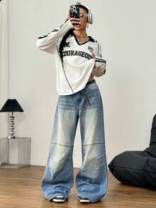 SHEIN EZwear Quần Jeans Ống Rộng Lưng Thấp Thời Trang Đường Phố Thường Ngày Cho Nữ, Màu Xanh - Rửa nhẹ - Xem 6