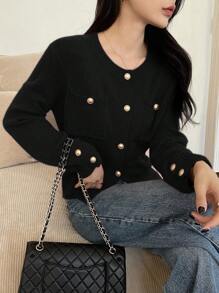 DAZY Women's Solid Front Button Long Sleeve Pocket Minimalist Blouse, Casual Everyday Wear,Fall Clothes Jacket - Black - View 3
