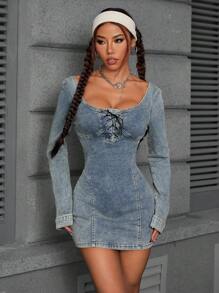 INAWLY Women's Autumn Eyelet Tie Long Sleeve Short Denim Dress - Light Wash - View 1