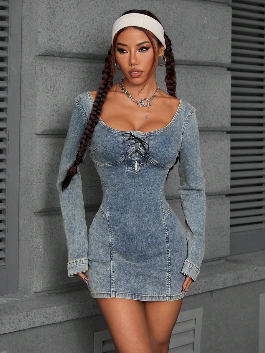 INAWLY Women's Autumn Eyelet Tie Long Sleeve Short Denim Dress - Light Wash - View 1