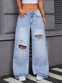 SHEIN Tall 女士破洞口袋宽松休闲阔腿牛仔裤