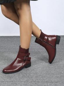 CUCCOO BIZCHIC 女士时尚百搭踝靴，酒红色短靴，粗跟，圆头，松紧后跟，装饰扣，拉链，适合秋冬季新年假期 - 酒紅色 - 查看 11