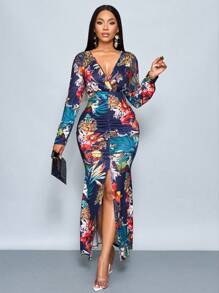 SOLERSUN Random Floral Print Ruched Split Thigh Dress Maxi Women Outfit Fall Cloth For Women - Multicolor - View 1