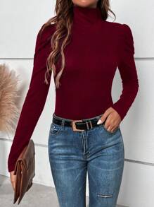 SHEIN Clasi Solid Button Back High Neck Puff Sleeve Tee