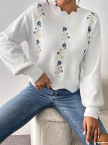Calvaya 1pc Loose Fit Floral Embroidered Sweater With Lace Collar, Suitable For Autumn/Winter, Long Sleeve Top Knit Pullover Fall - White - View 7